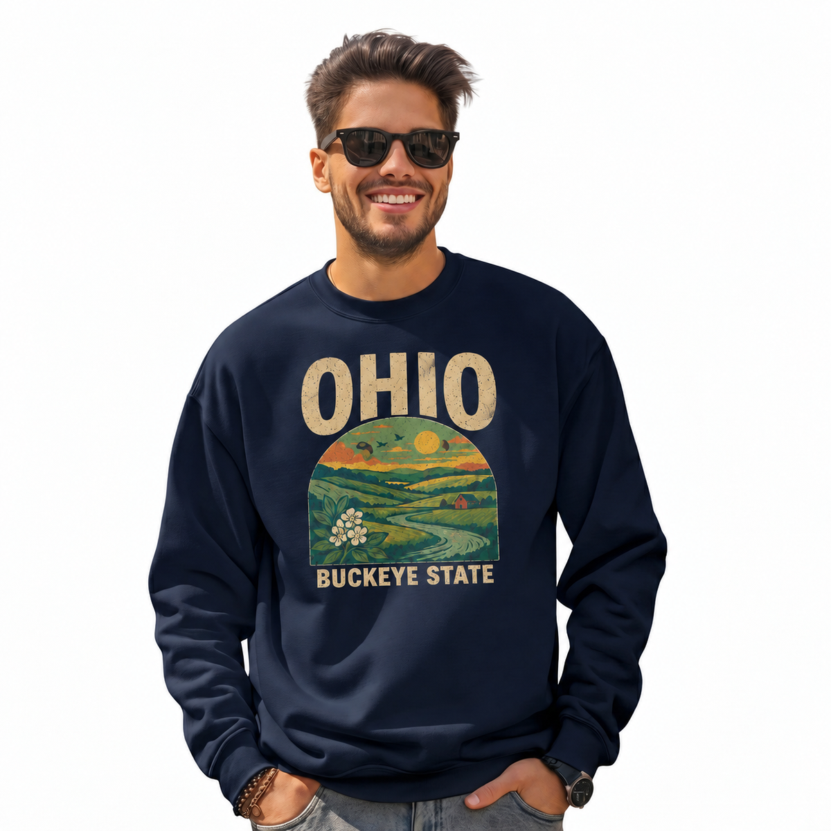 Ohio Countryside Rustic Farm Scenic Vintage Sweatshirt - Navy (Male Model)