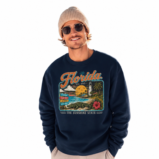 Florida Palm Trees Vintage Tropical Sunset Sweatshirt - Navy (Male Model)