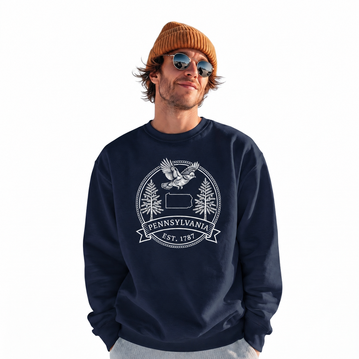 Pennsylvania Historic State Emblem Classic Vintage Sweatshirt - Navy (Male Model)
