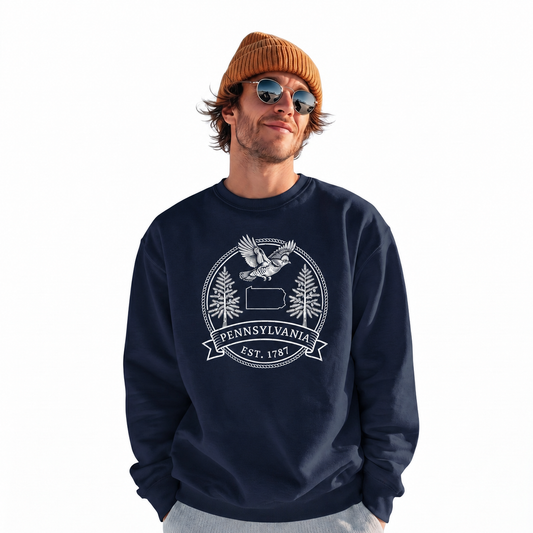 Pennsylvania Historic State Emblem Classic Vintage Sweatshirt - Navy (Male Model) | The State Threads