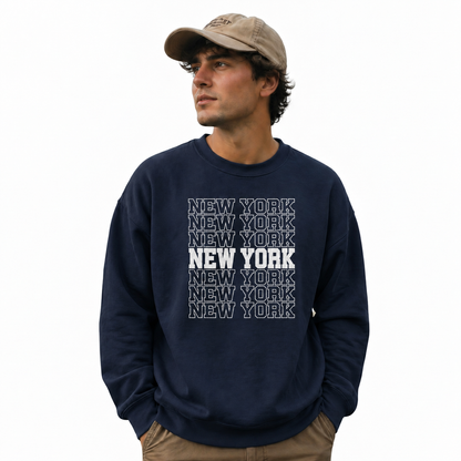 New York Arched Varsity Collegiate Retro Athletic Sweatshirt - Navy (Male Model)