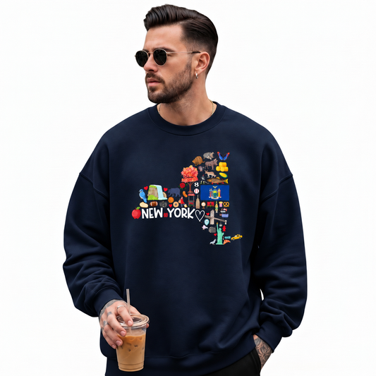 New York State Map Landmarks Icons Collage Sweatshirt - Navy (Male Model)