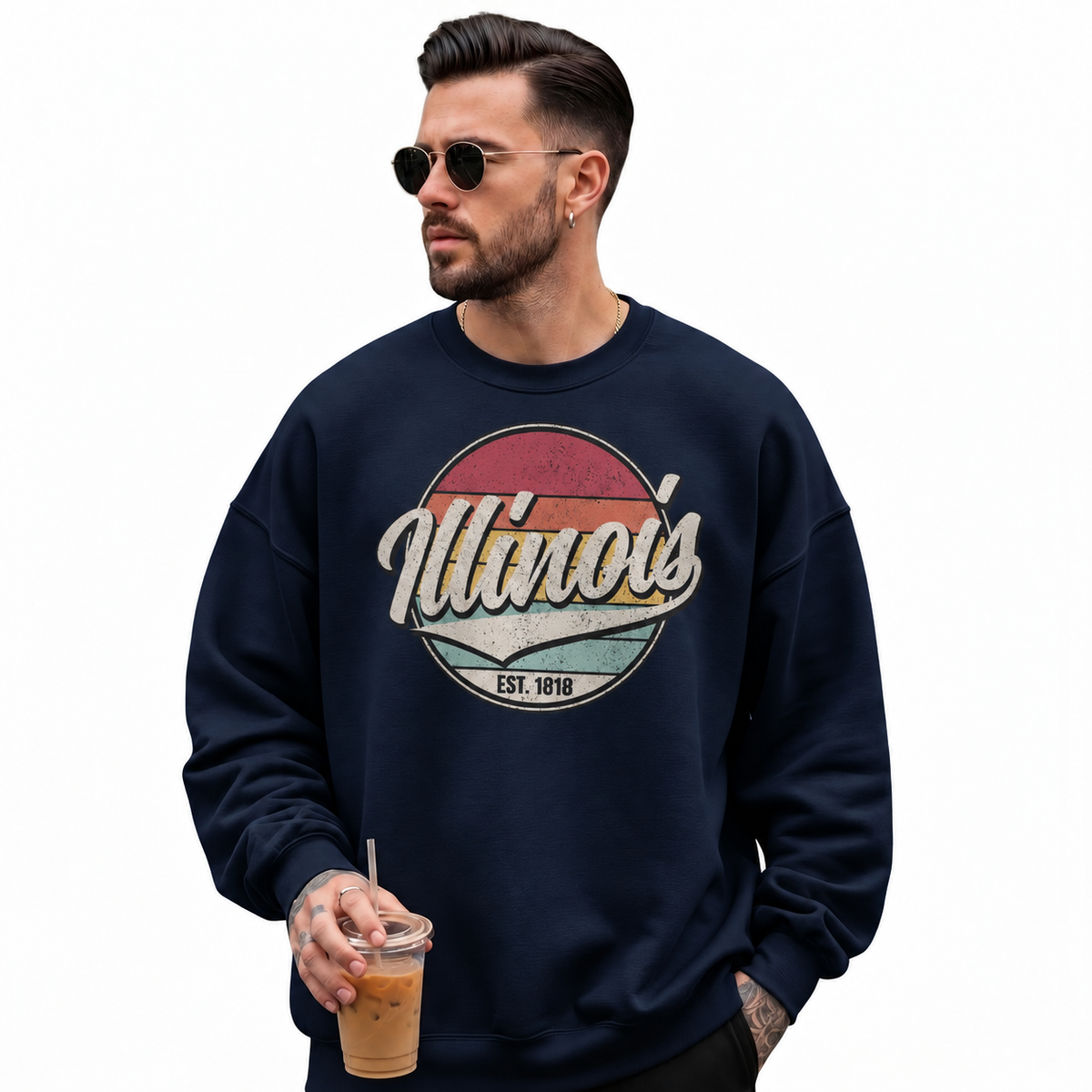 Illinois Prairie State Vintage Heritage Emblem Sweatshirt - Navy (Male Model)