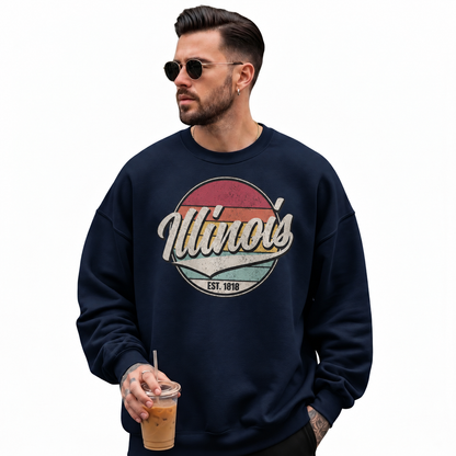 Illinois Prairie State Vintage Heritage Emblem Sweatshirt - Navy (Male Model)