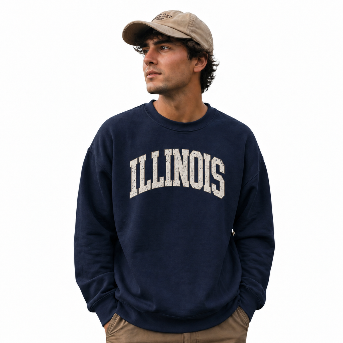 Illinois Bold Collegiate Arched Varsity Vintage Sweatshirt - Navy (Male Model)