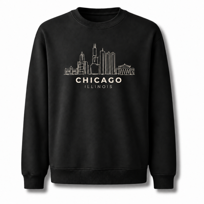 Chicago Illinois City Skyline Architectural Vintage Sweatshirt - Navy (Male Model)