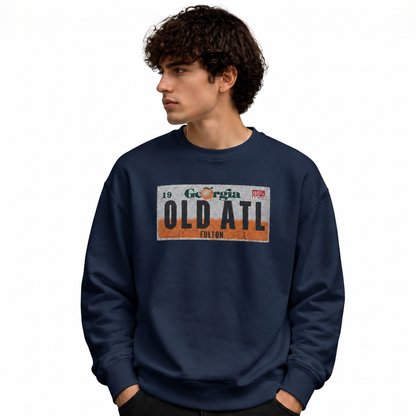 Old ATL Georgia Peach License Plate Vintage Sweatshirt - Navy (Male Model)