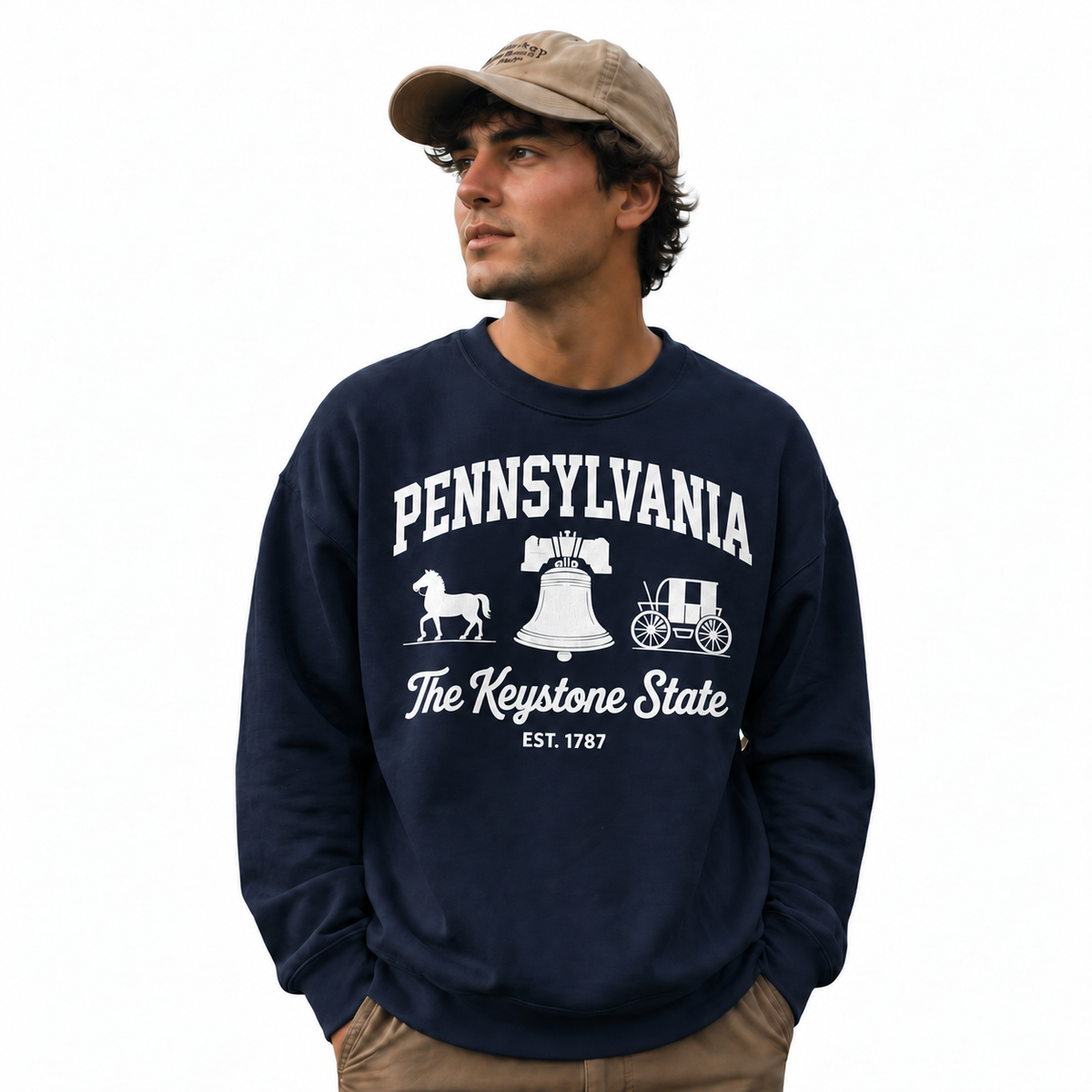 Pennsylvania Keystone State Historic Crest Vintage Sweatshirt - Navy (Male Model)