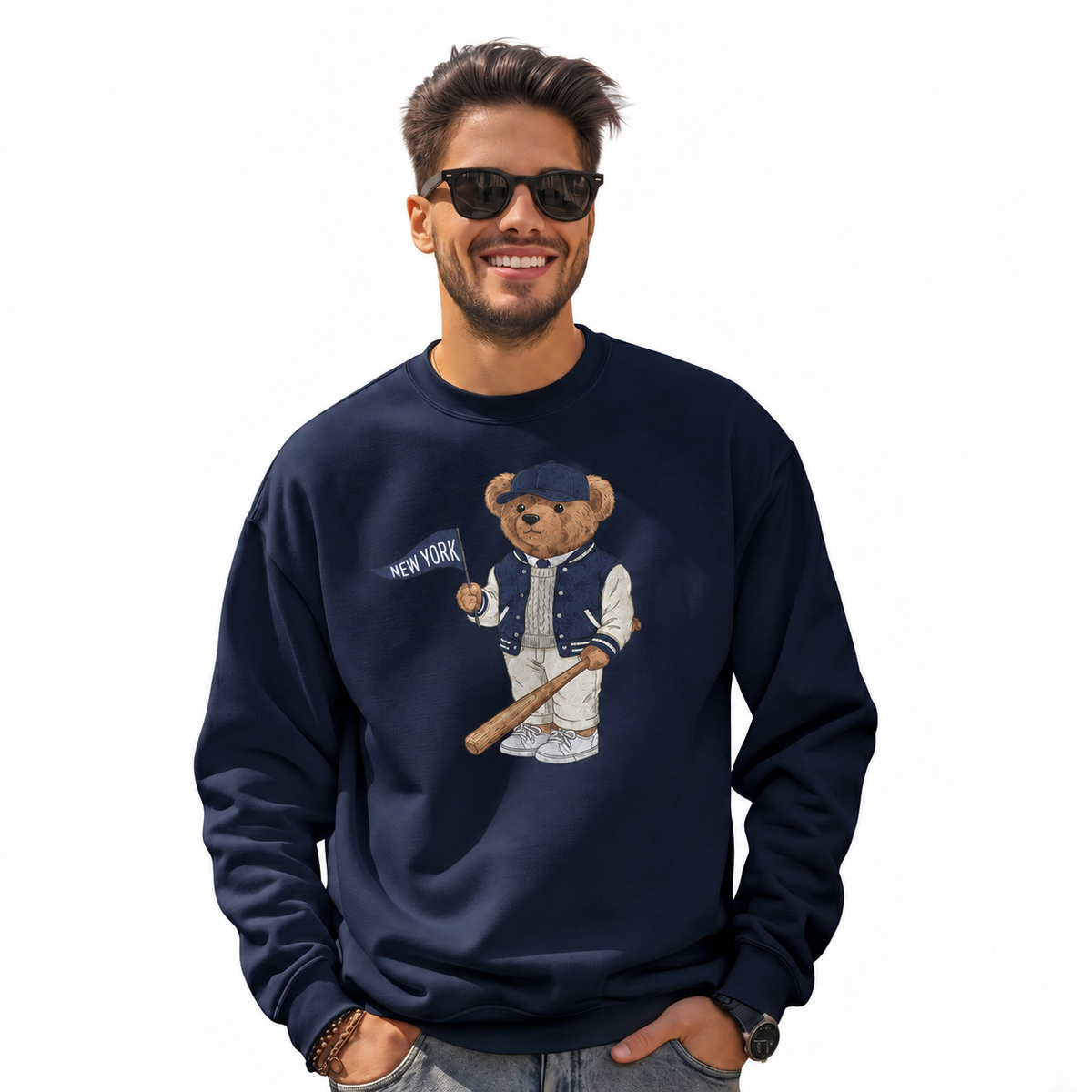 New York Baseball Teddy Bear Vintage Athletic Sweatshirt - Navy (Male Model)