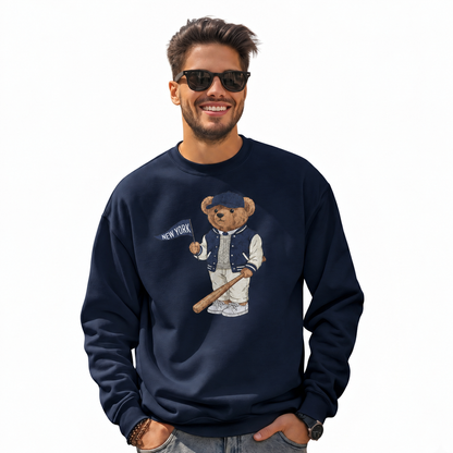 New York Baseball Teddy Bear Vintage Athletic Sweatshirt - Navy (Male Model)