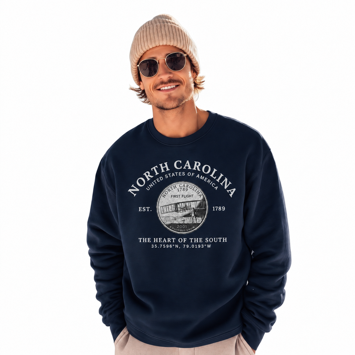 North Carolina Heritage State Seal Medallion Vintage Sweatshirt - Navy (Male Model)