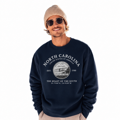 North Carolina Heritage State Seal Medallion Vintage Sweatshirt - Navy (Male Model)