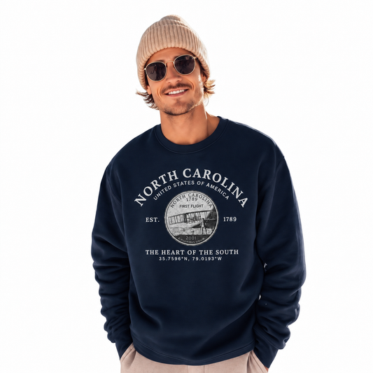 North Carolina Heritage State Seal Medallion Vintage Sweatshirt - Navy (Male Model)