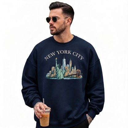 Statue Of Liberty Manhattan Harbor Vintage Classic Sweatshirt - Navy (Male Model)