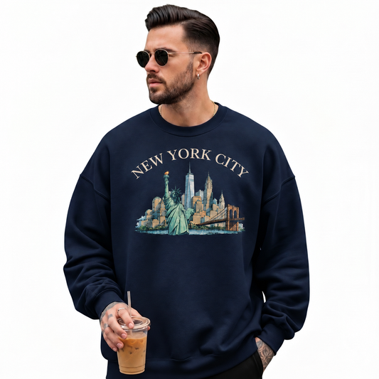 Statue Of Liberty Manhattan Harbor Vintage Classic Sweatshirt - Navy (Male Model)
