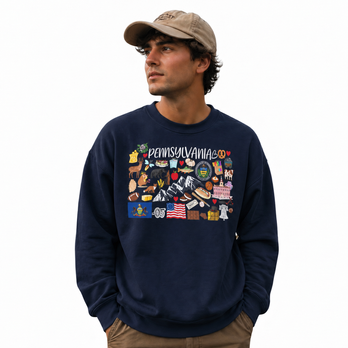Pennsylvania Retro Postcard Graphic Collage Vintage Sweatshirt - Navy (Male Model)