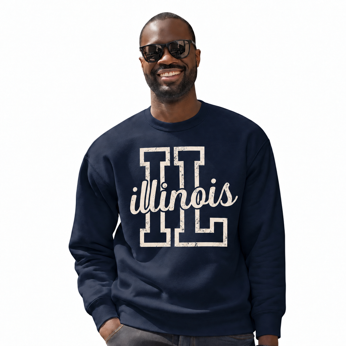 Illinois Classic Vintage Heritage State Pride Sweatshirt - Navy (Male Model)