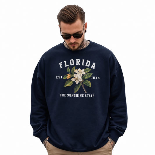 Florida Vintage Orange Blossom Botanical Floral Sweatshirt - Navy (Male Model)