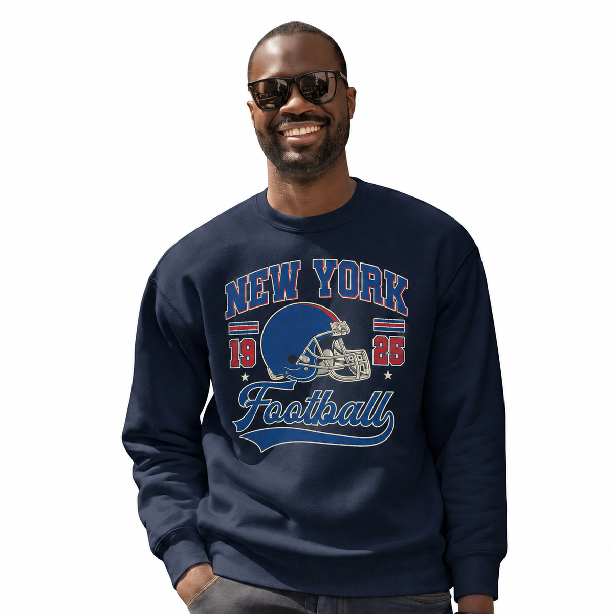 New York Football 1925 Vintage Athletic Gameday Sweatshirt - Navy (Male Model)