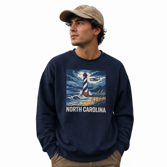 Cape Hatteras Lighthouse North Carolina Coastal Scenic Sweatshirt - Navy (Male Model)