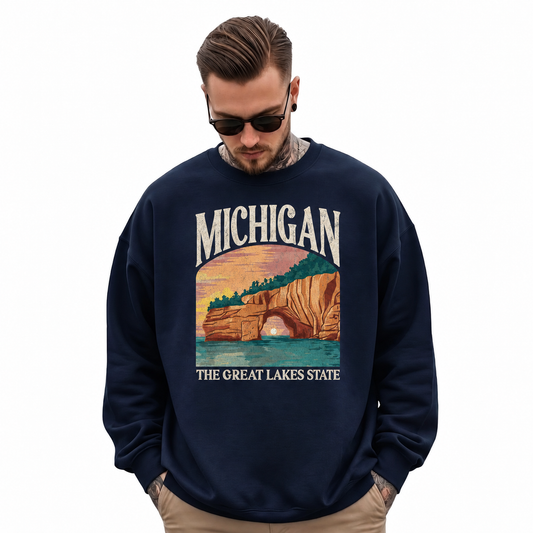 Michigan Great Lakes Vintage Nature Landscape Sweatshirt - Navy (Male Model)
