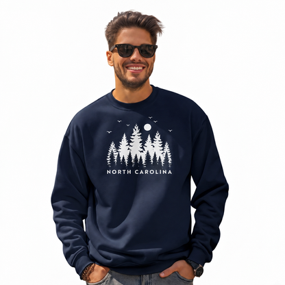 North Carolina Mountain Pine Forest Silhouette Vintage Sweatshirt - Navy (Male Model)