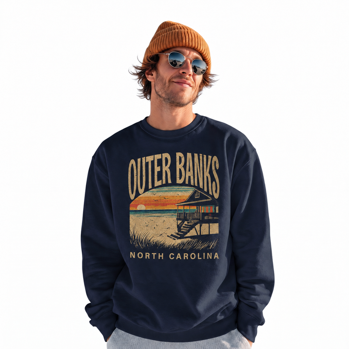 Outer Banks North Carolina Coastal Landscape Vintage Sweatshirt - Navy (Male Model)