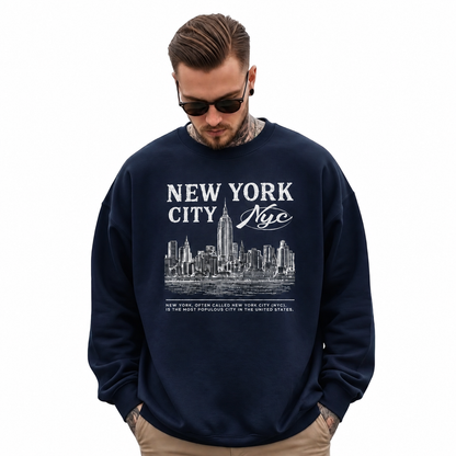 New York City Distressed Woodblock Skyline Heritage Sweatshirt - Navy (Male Model)