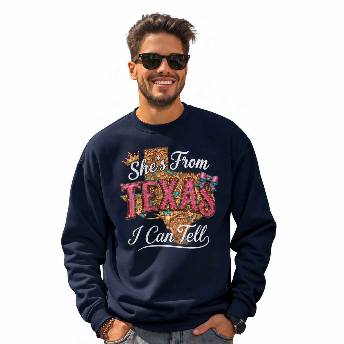 Texas Western Cowboy Boots Rodeo Vintage Heritage Sweatshirt - Navy (Male Model)