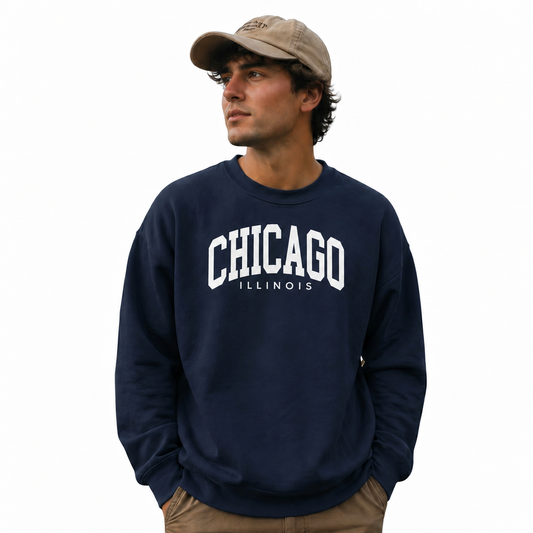 Chicago Illinois Arched Varsity Athletic Retro Sweatshirt - Navy (Male Model)