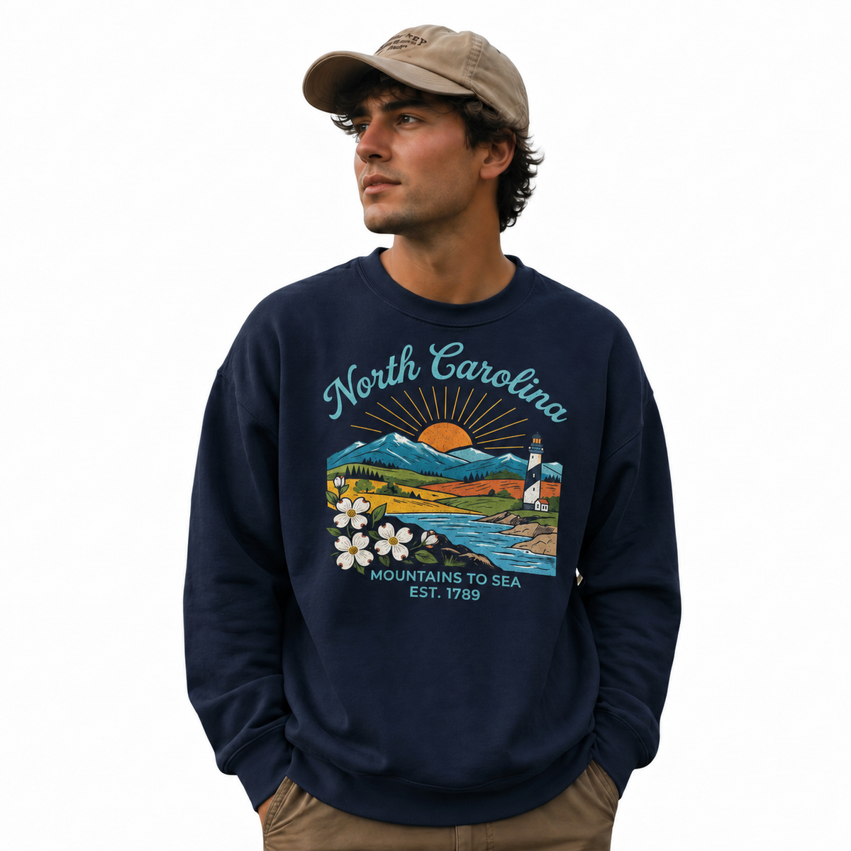 Blue Ridge Mountains North Carolina Nature Scenic Sweatshirt - Navy (Male Model)