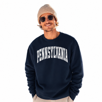 Pennsylvania Collegiate Varsity Athletic Lettering Vintage Sweatshirt - Navy (Male Model)