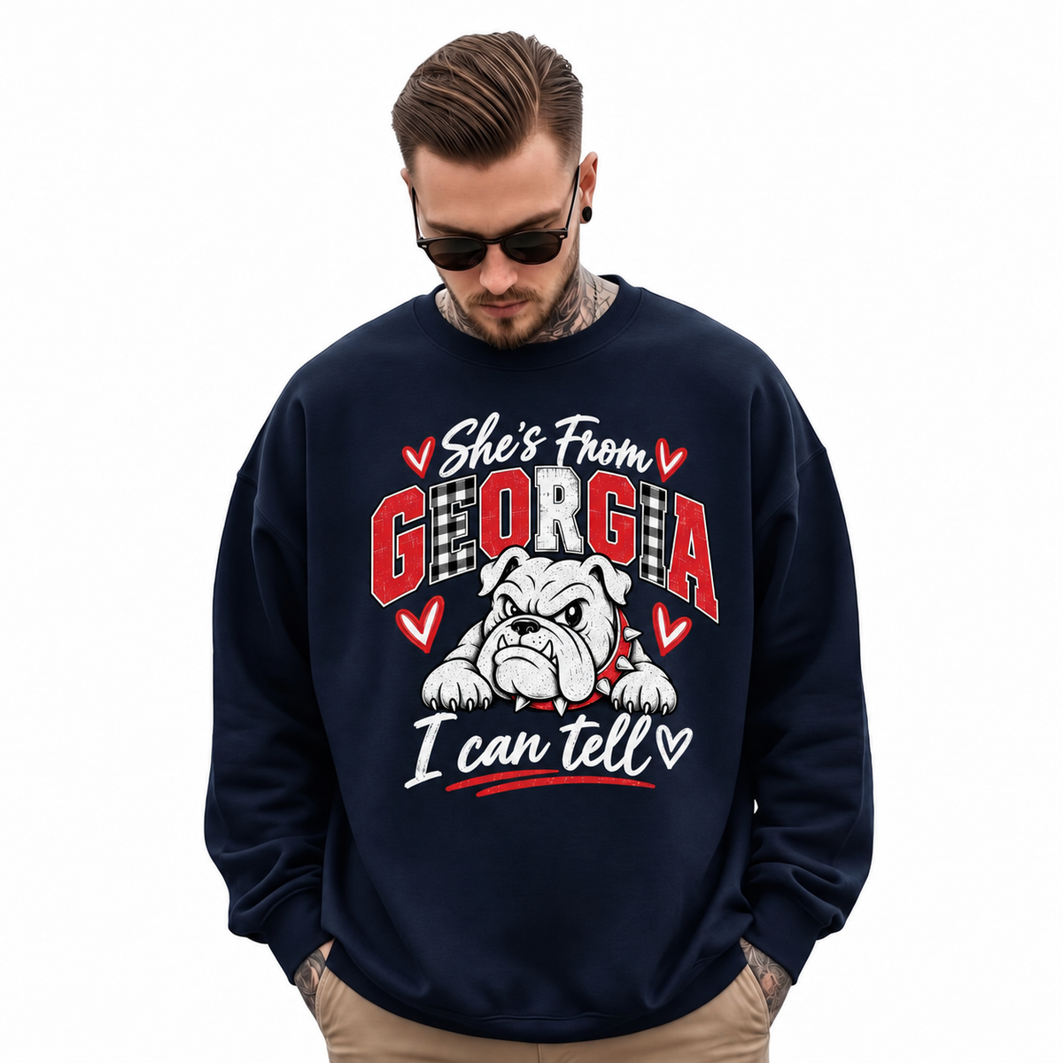 Georgia Bulldogs Mascot Red & Black Vintage Gameday Sweatshirt - Navy (Male Model)