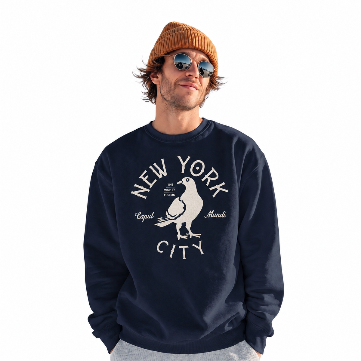 NYC Pigeon Official Bird Vintage Retro Humor Sweatshirt - Navy (Male Model)