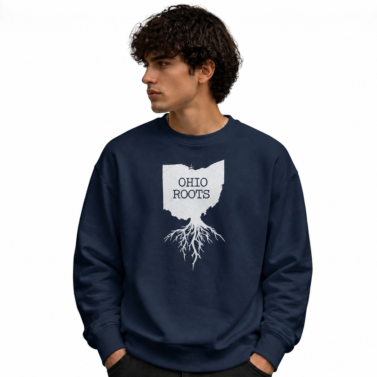 Ohio Roots Minimalist State Silhouette Vintage Sweatshirt - Navy (Male Model)