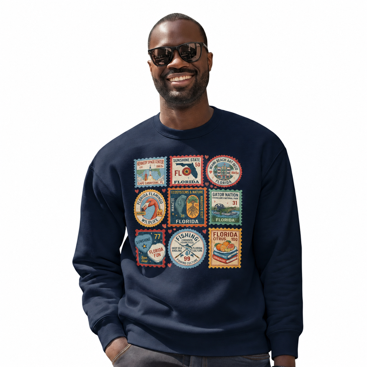 Florida Vintage Travel Postage Stamps Collage Sweatshirt - Navy (Male Model)
