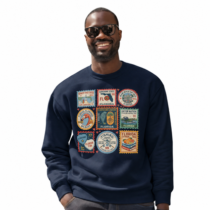Florida Vintage Travel Postage Stamps Collage Sweatshirt - Navy (Male Model)