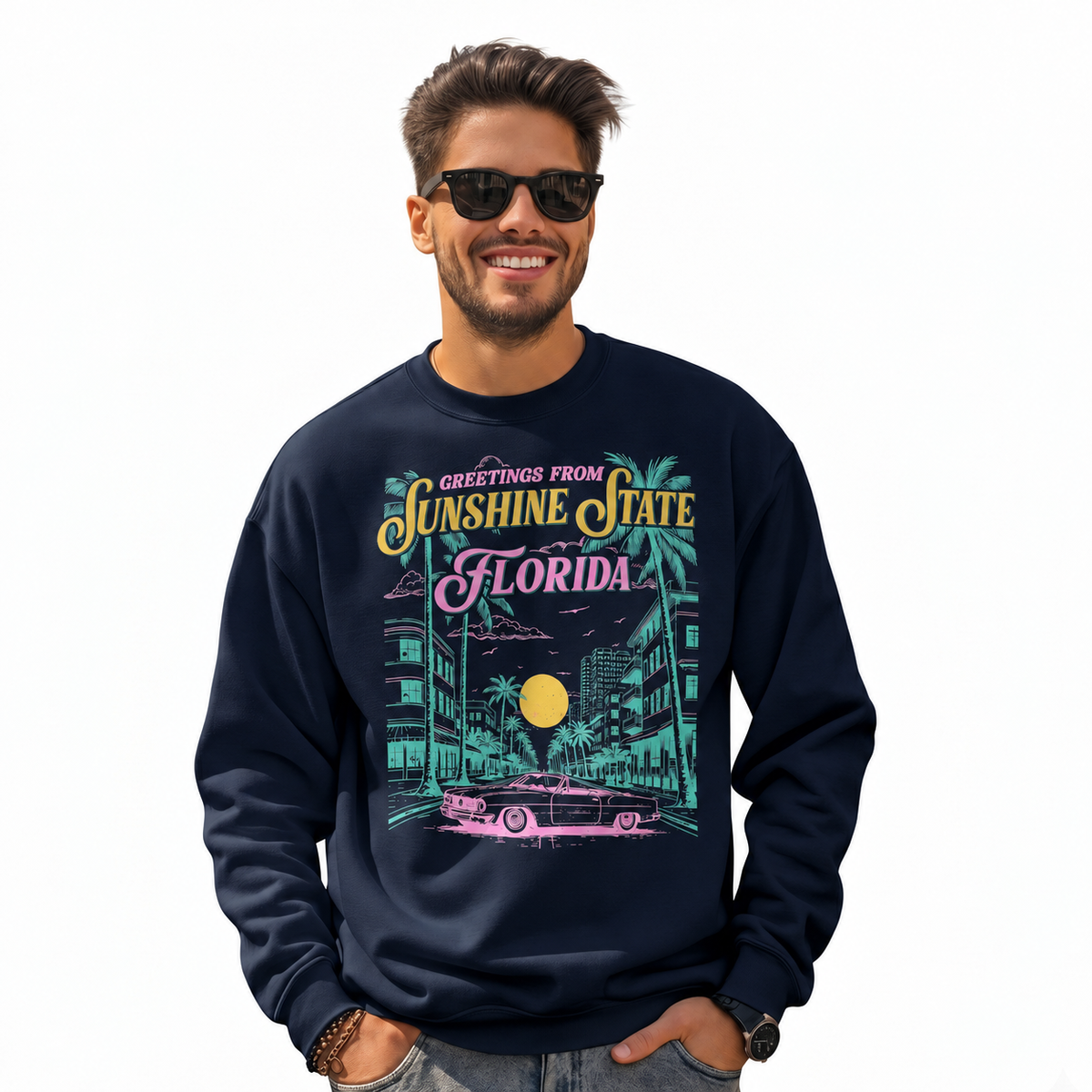 Florida Sunshine State Retro Distressed Vintage Sweatshirt - Navy (Male Model)