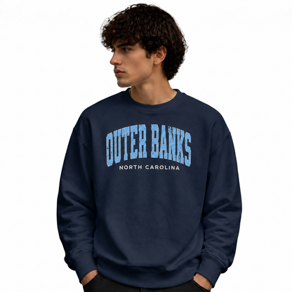 Outer Banks North Carolina Nautical Retro Beach Sweatshirt - Navy (Male Model)