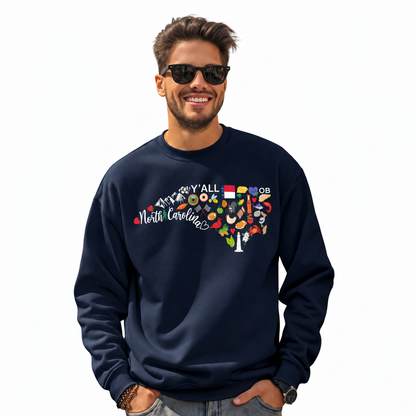 North Carolina State Map Landmarks Icons Collage Sweatshirt - Navy (Male Model)
