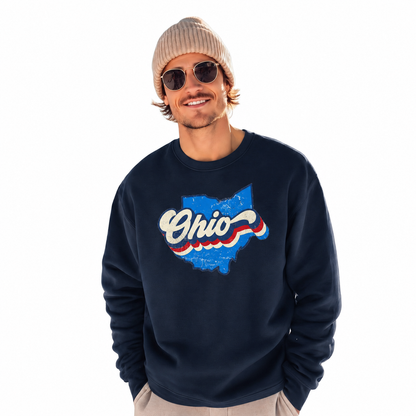 Ohio Retro Sunset Striped Graphic Vintage Sweatshirt - Navy (Male Model)