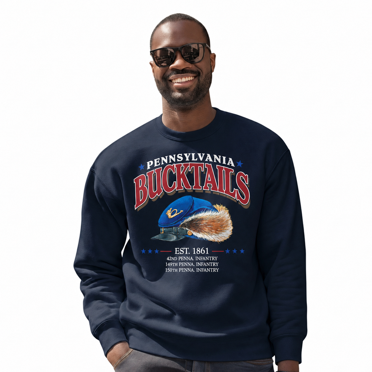 Pennsylvania Bucktails Military Heritage Vintage Distressed Sweatshirt - Navy (Male Model)