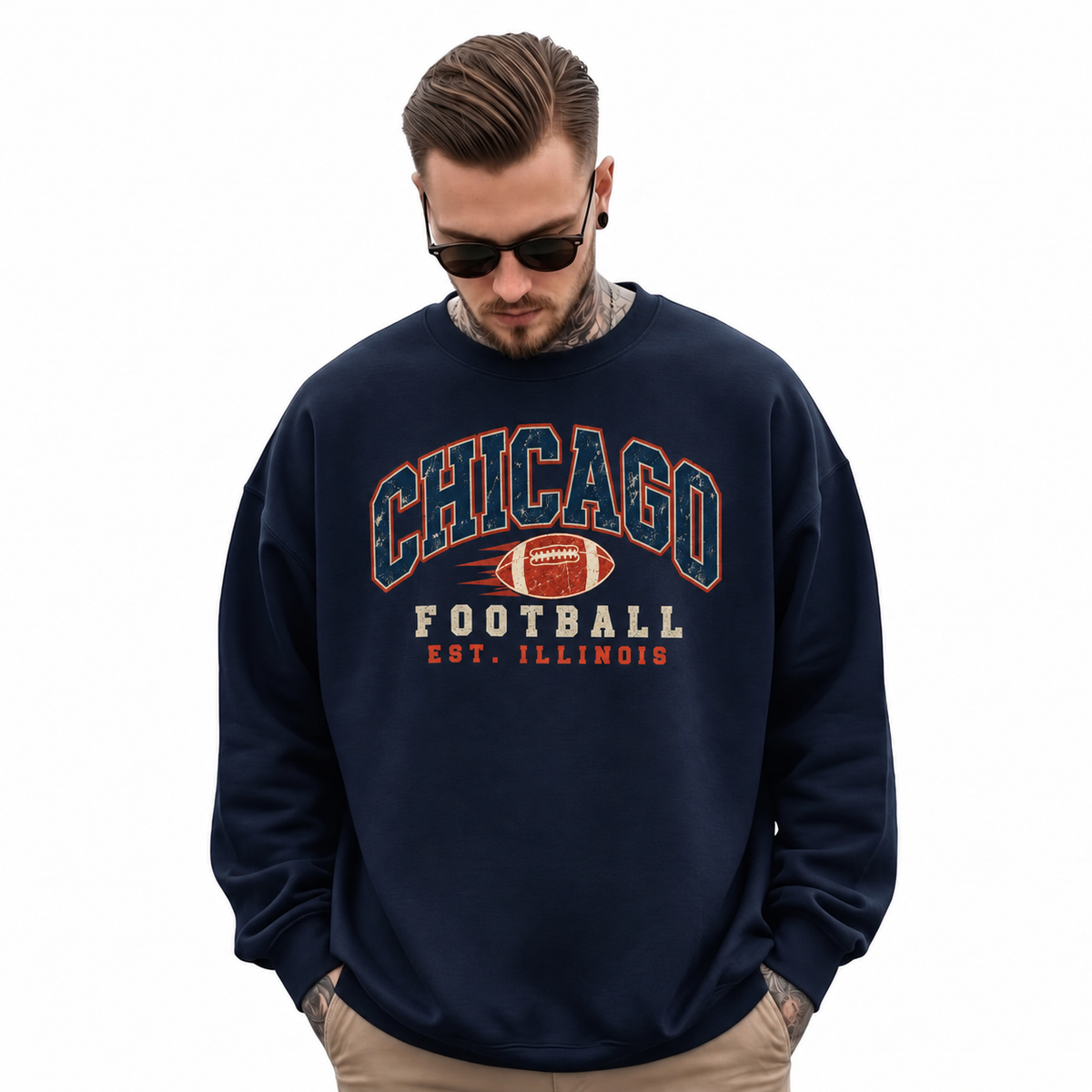 Chicago Football Vintage Cream Graphic Tailgate Sweatshirt - Navy (Male Model)