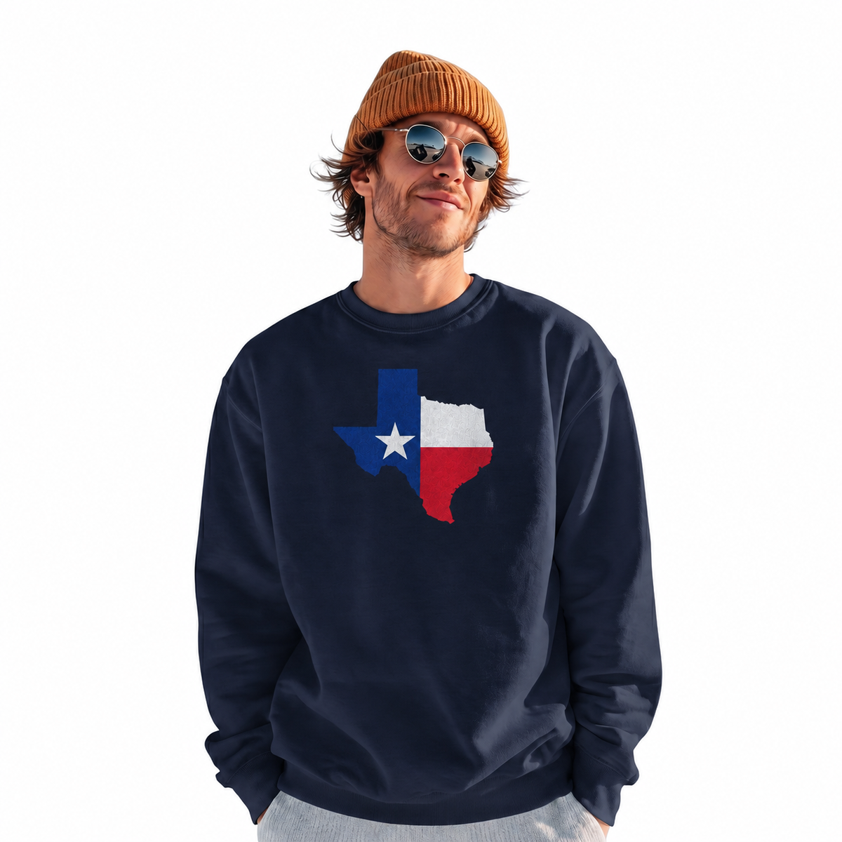 Texas Lone Star Flag Vintage Patriotic Distressed Sweatshirt - Navy (Male Model)