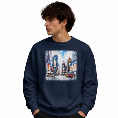 Times Square Manhattan Street Scene Oil Painting Sweatshirt - Navy (Male Model)