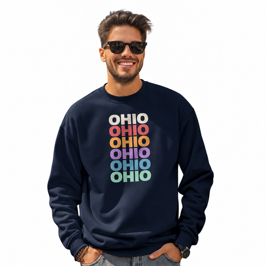 Ohio Retro Rainbow Stacked Typography Vintage Sweatshirt - Vintage State Pride Apparel Detail | The State Threads
