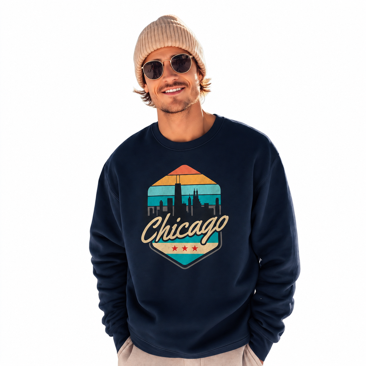 Chicago Retro Crest Heritage Vintage Athletic Sweatshirt - Navy (Male Model)