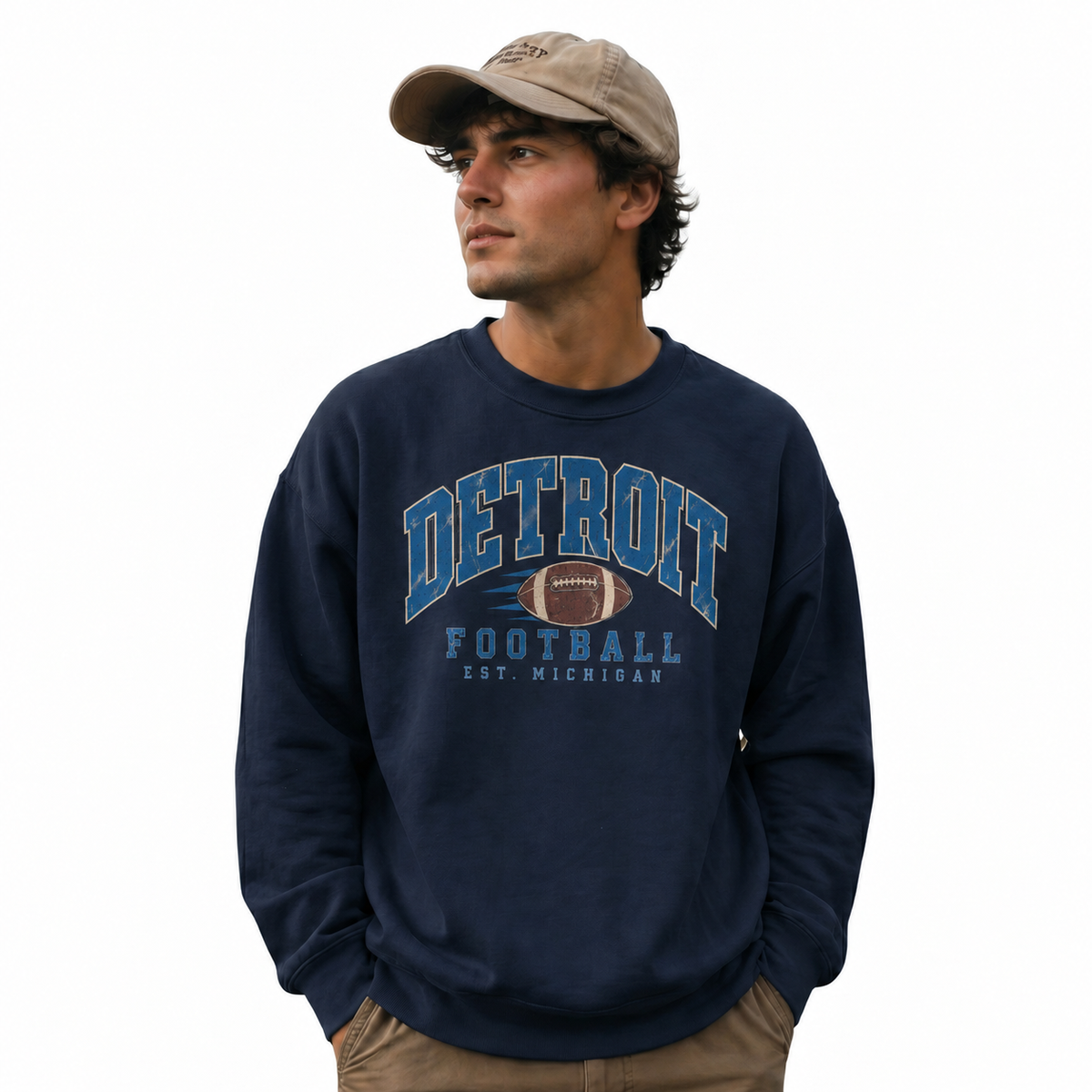 Detroit Football Retro Vintage Gameday Tailgate Sweatshirt - Navy (Male Model)