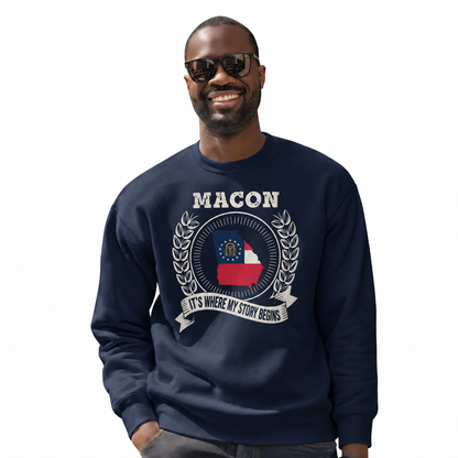 Macon Georgia It's Where My Story Begins Vintage Sweatshirt - Navy (Male Model)