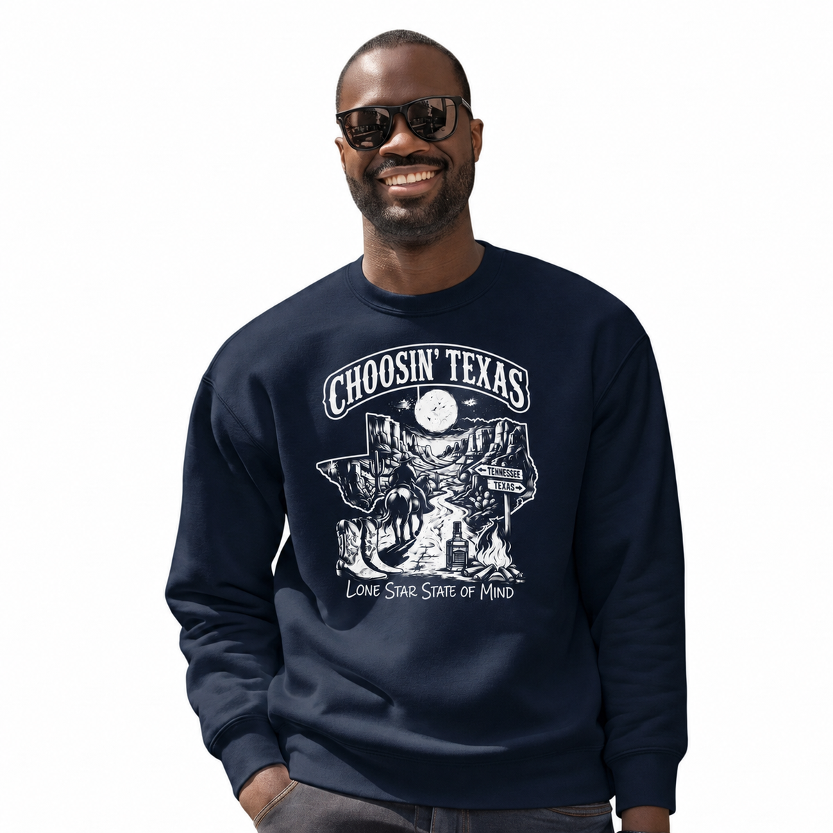 Texas Cowboy Lone Star Historic Emblem Vintage Sweatshirt - Navy (Male Model)